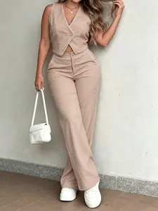 New Summer Spring Lightweight Mature Style Double Button Vest High Waist Wide Leg Pants Suits Set, Casual Solid Color Unlined Outer Vest