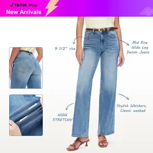 Women's Mid Rise Wide Leg Denim Jeans Stretchy Denim Pants