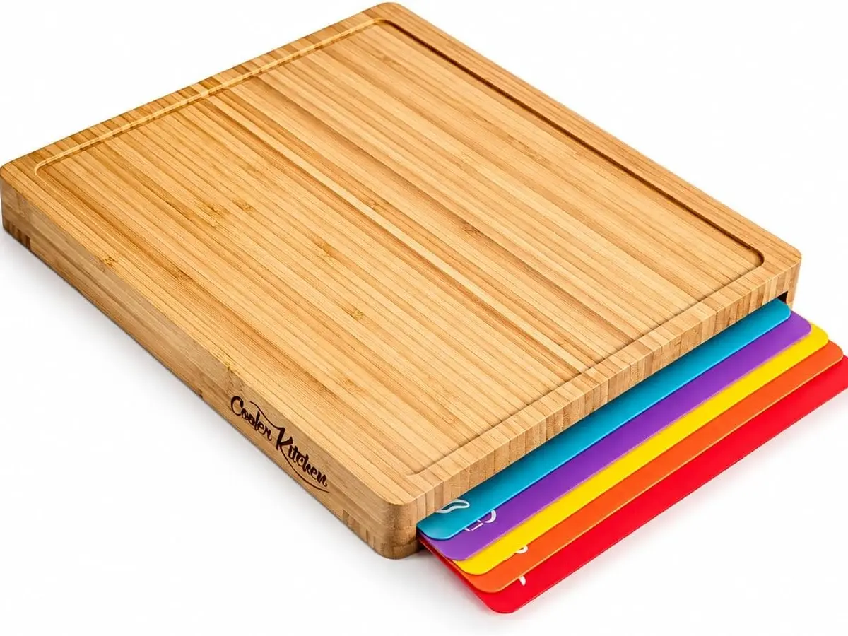 Bamboo Cutting Board Set with Storage Holder and 6 Color Coded Mats Bamboo Cutting Board Set with Storage Holder and 6 Color Coded Mats
