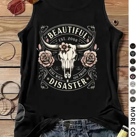 Women's Vintage Letter & Bull Head Print Fitted Knit Fabric Tank Top, Casual Sleeveless Graphic Top for Summer, Ladies Clothes for Daily Wear, Womenswear