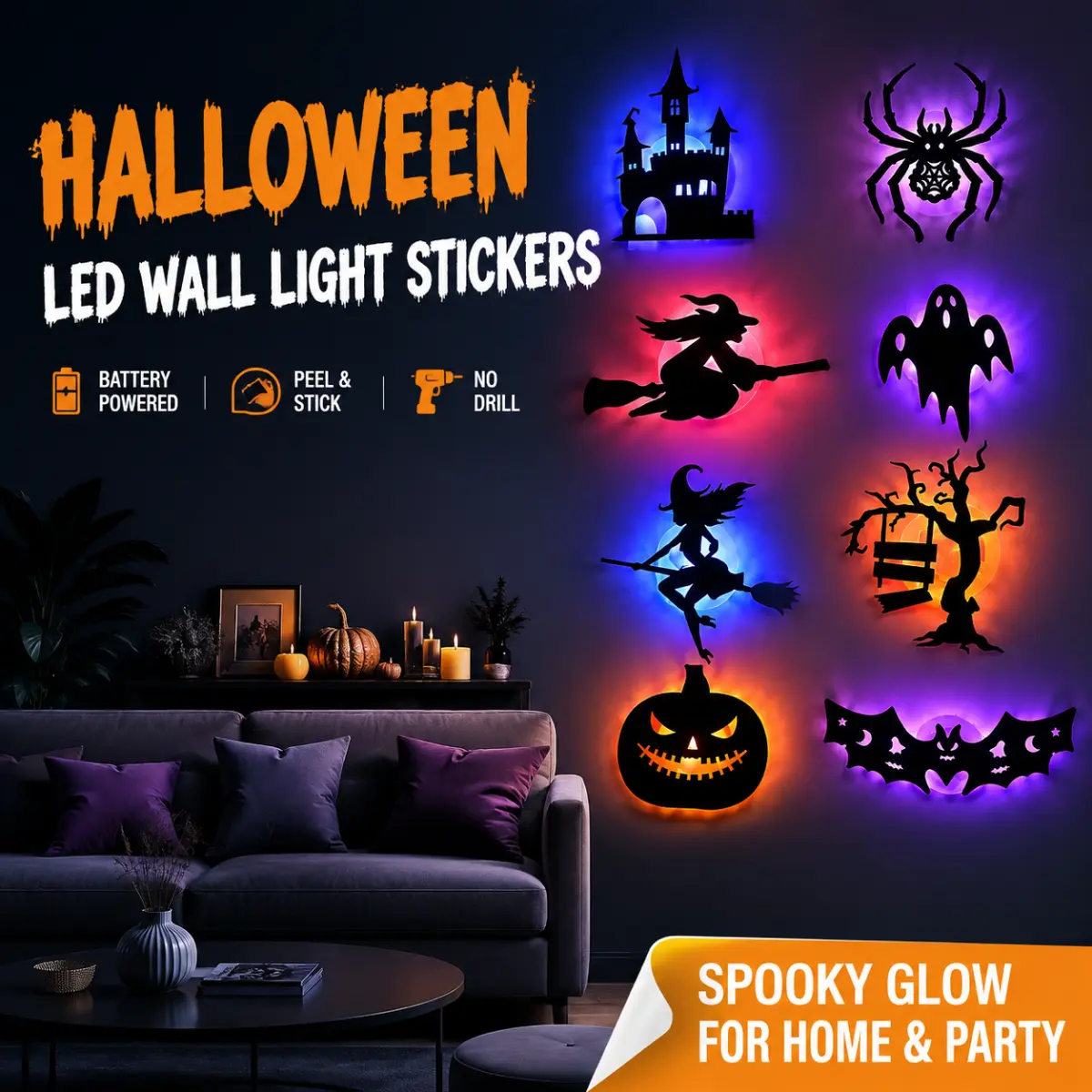 Spooky Halloween LED Silhouette Wall Light Stickers ， Battery Powered Peel & Stick Decor Lights ， Damage-Free Wall 、No Drill PET Waterproof Wall Decor ， Ghost Pumpkin Witch Bat Castle Spider Tree Ornaments for Home Window Door Party （Multiple Packs）