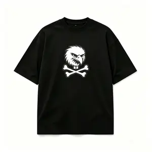 Eagle-head print Cotton T-Shirt Summer Must-Have Men's Loose Fit Black Tee with Hiking/Adventure Logo - Urban & Outdoor Ready  Menswear  Tshirt Shortsleeve