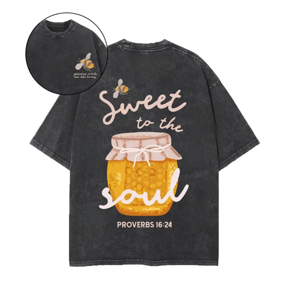 Women's Short-Sleeve Breathable Cotton Printed Unisex Oversized Casual Graphic Tee - Vintage Fit, Proverbs 16:24 Honey Jar Christian Mom Everyday Tops
