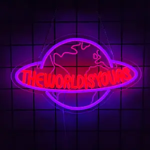 World Domination Neon Sign LED Wall Decor, USB Powered Planetary Light for Men Cave Home Bar Club Cafe Wedding Birthday Gift Graduation Party
