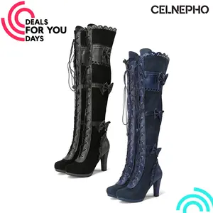 CELNEPHO Womens Thigh High Boots Round Toe Chunky Heels Bow Knot Lace Up Side Zipper Goth Over the Knee Boots Party Cosplay Casual Outdoor Victorian Style Dress Shoes Deals For You Days