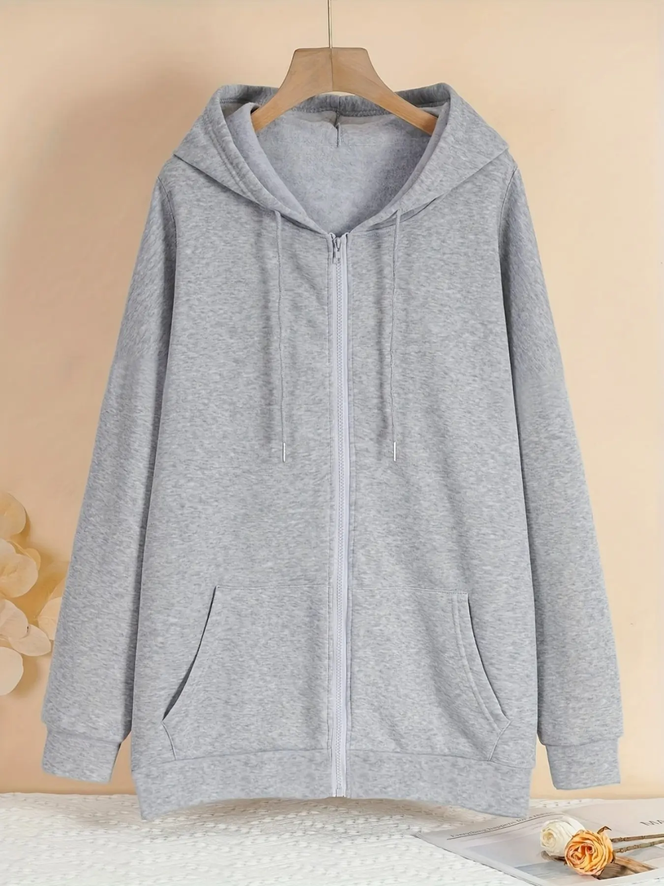Women's Winter Hooded Drawstring Zipper Jacket, Casual Plain Basic Long Sleeve Oversized Sweatshirt, Thick Kint Fabric Knit, Fall & Winter Wear, Fitted, Womenswear