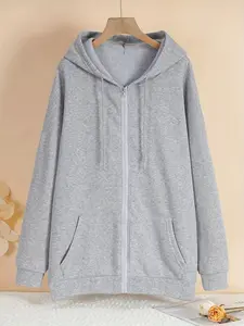 Women's Winter Hooded Drawstring Zipper Jacket, Casual Plain Long Sleeve Oversized Sweatshirt, Thick Kint Fabric, Fall & Winter Wear
