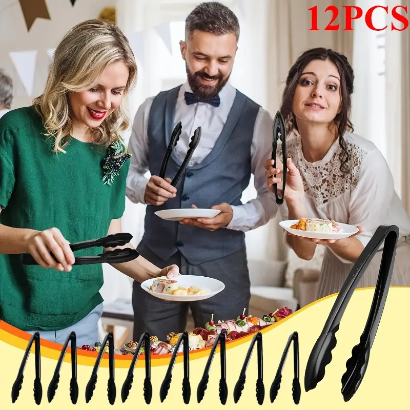 12-Pack Plastic Reusable Heavy-Duty 9-Inch Salad Tongs Set, Easy-to-Use Kitchen Utensils for Weddings, BBQs, Baby Showers