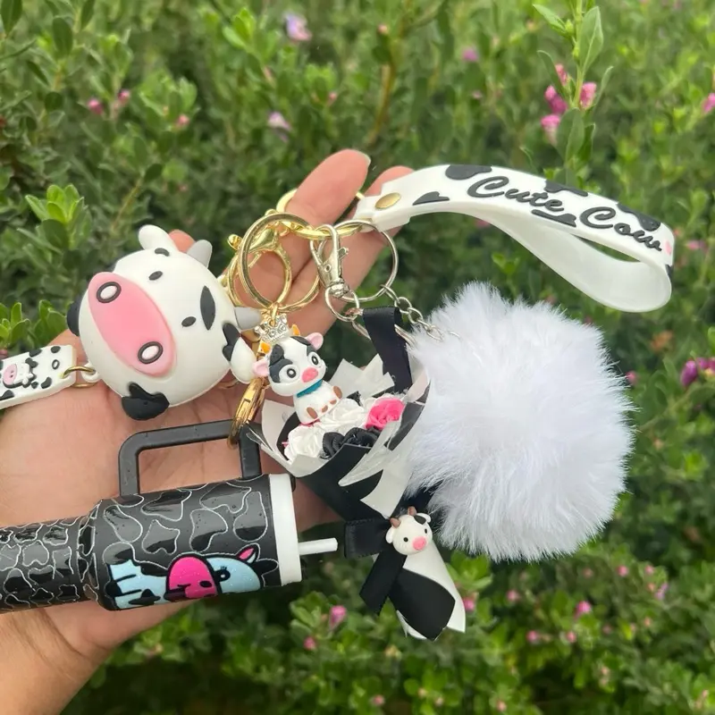 Cow theme ribbon rose bouquet keychain set