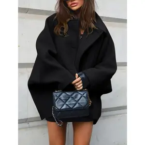 French Style European and American Fashion Asymmetric Design Loose Long Sleeve Turn-Down Collar Wool Coat Womenswear Jackets