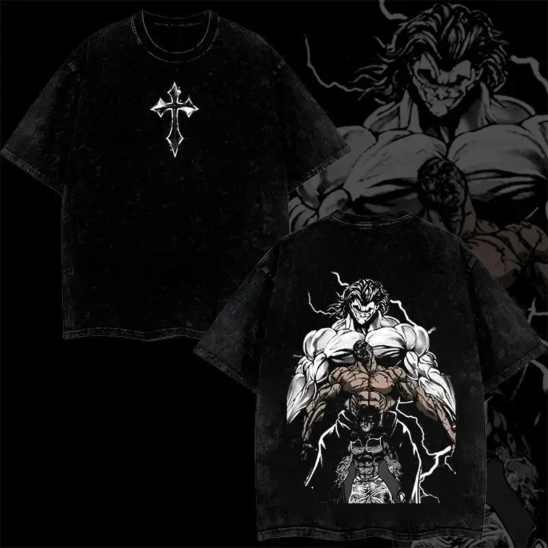 Baki Hanma Evolution Tshirt Oversized Y2k Vintage Acid Washed Anime Graphic Hot Premium Tee for Fans Unisex Cotton Shortsleeve Soft Casual T-Shirt Heavyweight Crewneck Menswear Streetwear Apparel Tropical Top