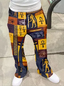 Vintage Men's Ethnic Print Geometric Pants, Loose Bell Bottoms, Drawstring Sportswear, 3D Soft Breathable Fabric, Casual Daily Wear
