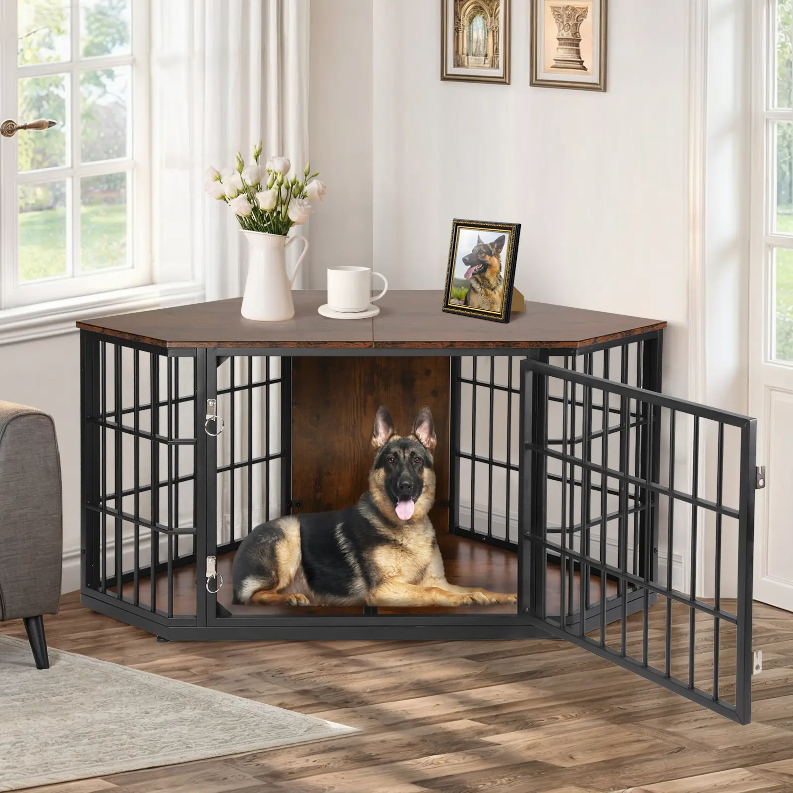 52 Inch Dog Crate Furniture Corner, Wooden Dog Kennel Furniture, End Table Dog Crate for Large Dogs, Indoor Pet Crates Corner Side Table for Dogs, Wid