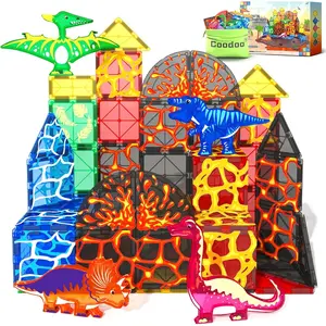 Dinosaur Toys Magnetic Tiles Lava Dinosaur World Set - Magnetic Blocks Building Toys for Kids 3-5 5-7 Girls Boys Toys Age 4-6 6-8, Classroom Must Haves Toddler Sensory Toys for 3+ Year Old Kids Toys