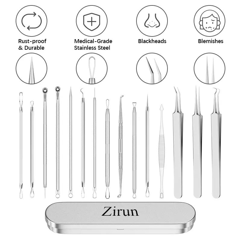 Zirun-Blackhead removal tool, 15-piece acne extractor tool set, acne blackhead removal tool, 410 high quality professional stainless steel acne extractor tool with metal box set