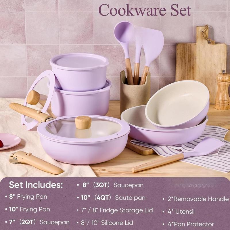 CAROTE Pots and Pans Set Non Stick, Cookware Sets, 19pcs Kitchen Set, Oven/Fridge Safe, Space Saving Pots Set, Nonstick Set with Versatile Removable/Detachable Handle, Induction RV Set, Purple