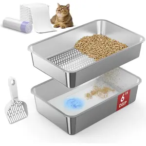 23.6"x15.7"x6"  Stainless Steel  Litter Box with Odor Control System, XL Open Top Sifting Litter Box for Big Cats, Includes Pee Pads & Liners, Easy-Clean Metal Litter pan for Pine Pellets