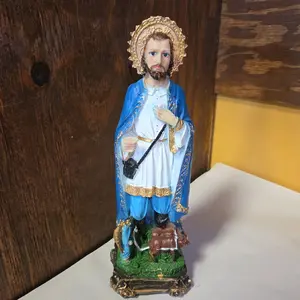 San Isidro Labrador Statue - Blue Robe with Gold Accents, Handheld Staff, and Green Base, Ideal for Home Decor