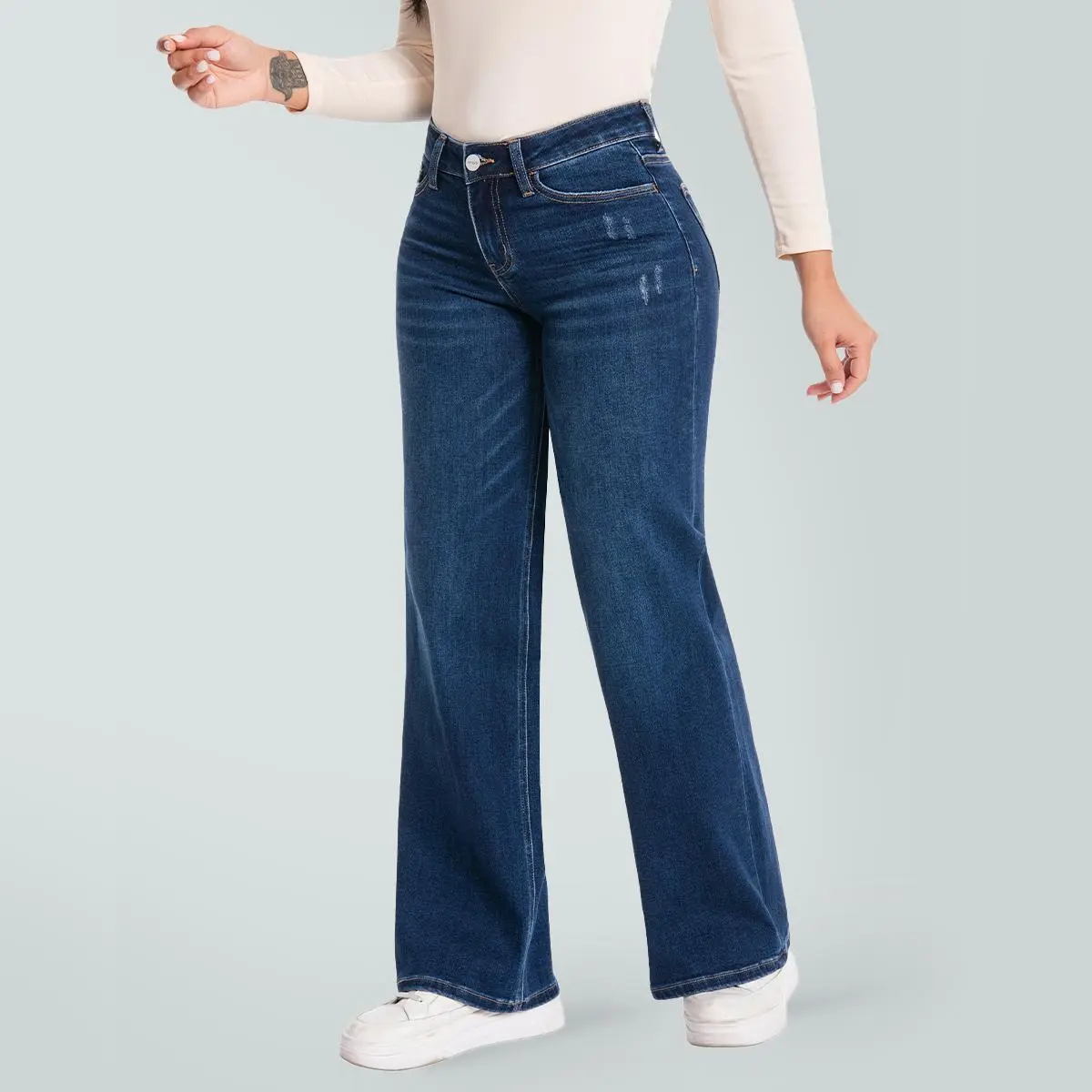 Vogatiques | Magic Mid-low Waist Stretchy Wide Leg Jeans Pocket Distressing BBL 8001 | ONESO