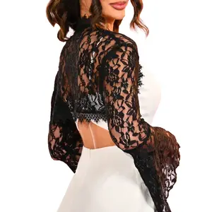 Women Lace Bolero Shrugs Black Long Sleeve Jacket Formal Prom Open Front Crop Top for Evening Dresses Women's Clothing Coats Cropped Hoodie Womenswear
