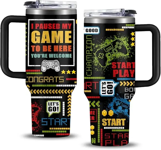 Gamer Gifts for Men Boys Tumbler with Handle and Straws 40oz Stainless Steel Gamer Insulated Travel Cups - Birthday Present for Game Lover, Men, Dad, Son, Husband - Gaming Gifts for Him Coffee Mugs 2