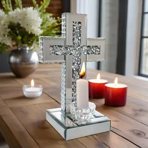 Crystal Crush Diamond Candle Sconces, Silver Cross Mirror for Tabletop Decoration Candle Holder, Candle Stand, Glass Wall Decorations for Home Decor, Living Room, Bedroom, Dining Room. (Small Tabletop with Candle Holder)