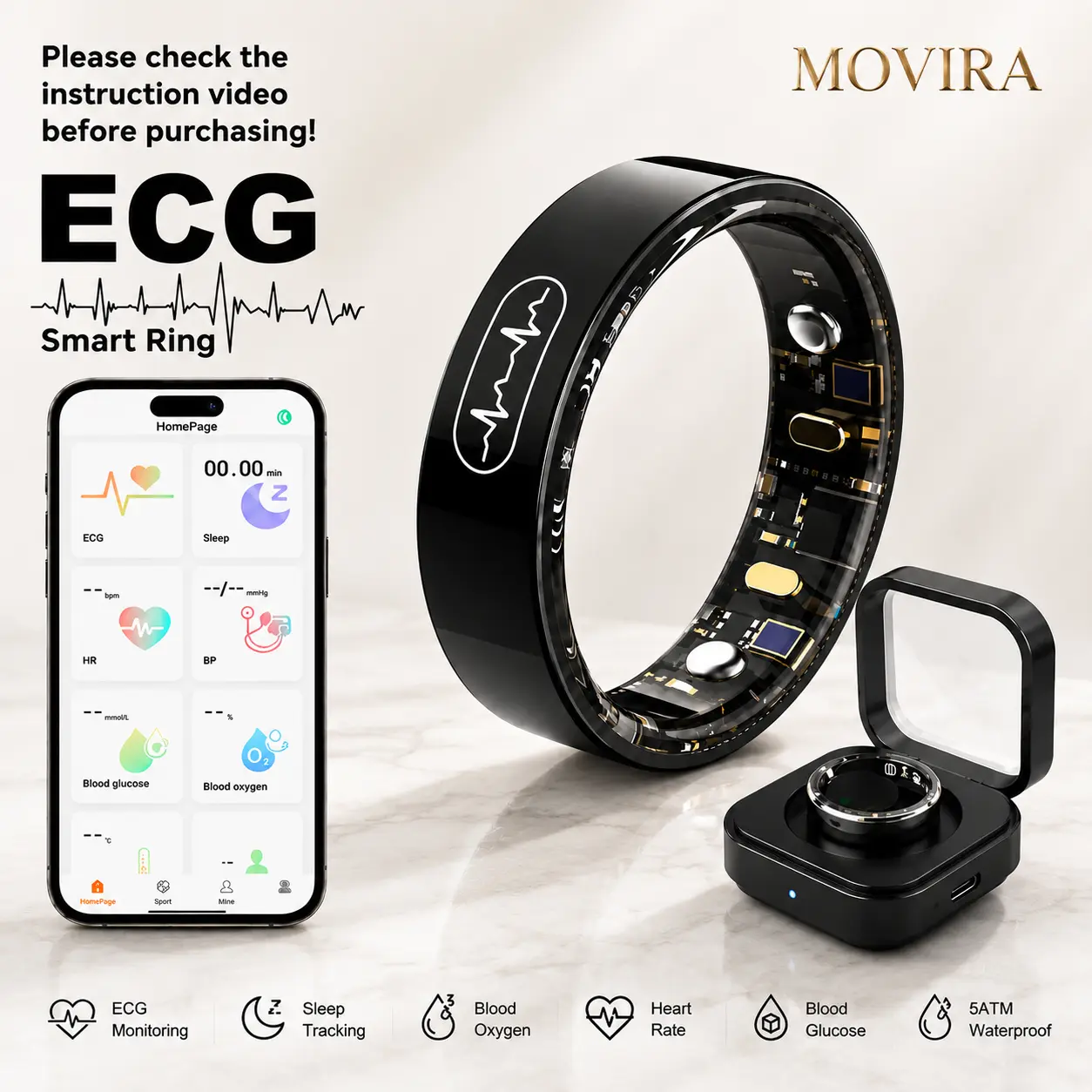 Smart ECG Health Monitoring Ring Movira–  ECG/Heart Rate /Sleep /Activity Tracker/Blood pressure/Blood glucose/Spo2/Temperature/IP68 Waterproof Wearable Wearable Android