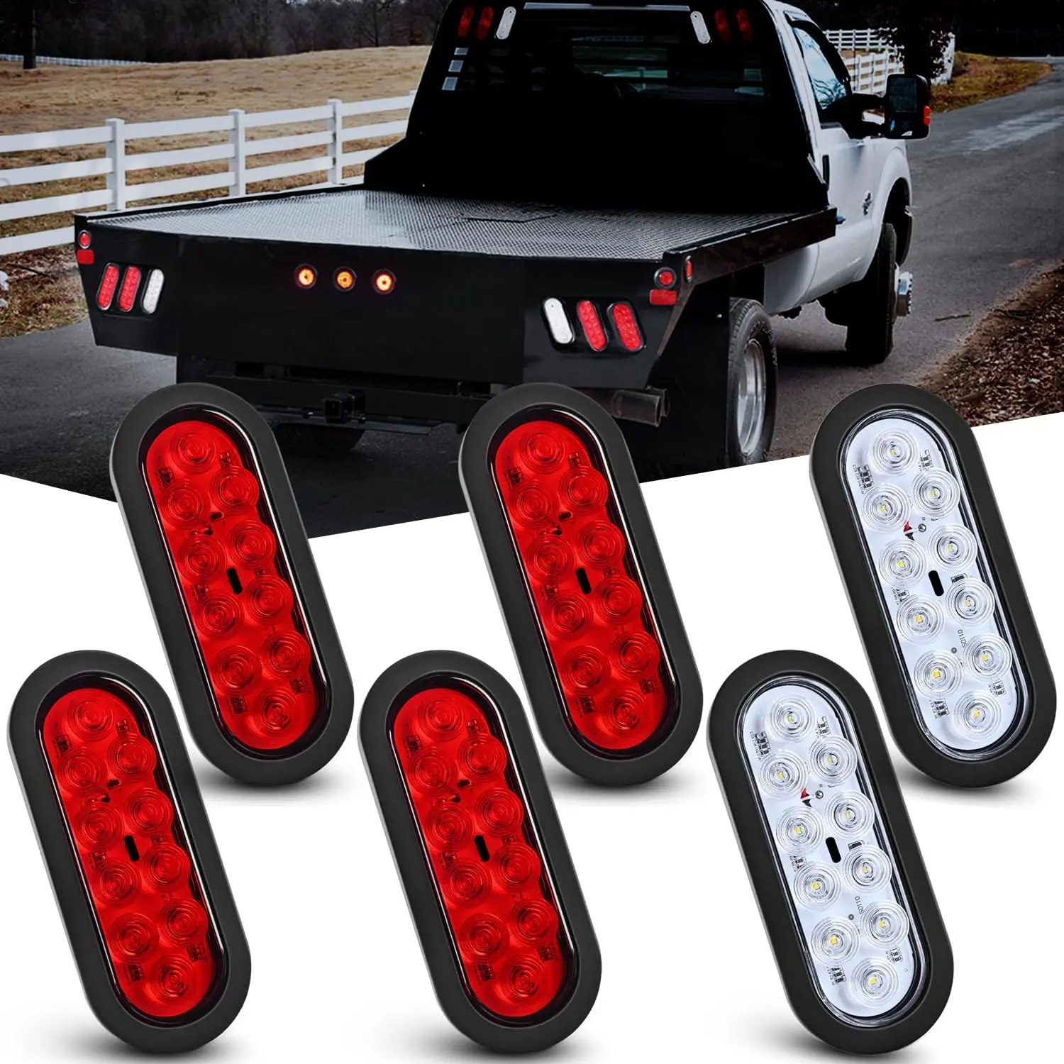 Nilight 6-Inch Oval Tail Light Assembly (6PCS) - 10 LED Bright Red White Led Blinker, Flush Mount Grommets, Plugs, IP67 Waterproof Vehicle Accessories for RV, Truck Brake Turn Signals Reverse Lights