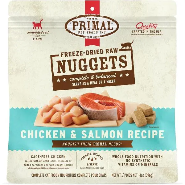 Primal Freeze Dried Raw Cat Food Nuggets Beef & Salmon, Complete & Balanced Meal or Topper, Premium, Healthy, Grain Free, High Protein Raw Cat Food with Probiotics (14 oz)