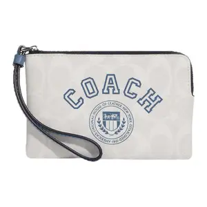 Coach Corner Zip 16 Letter-Print Wristlet with Dual Card Slots, Coated Canvas and Smooth Leather in Chalk White and Indigo Blue for Women