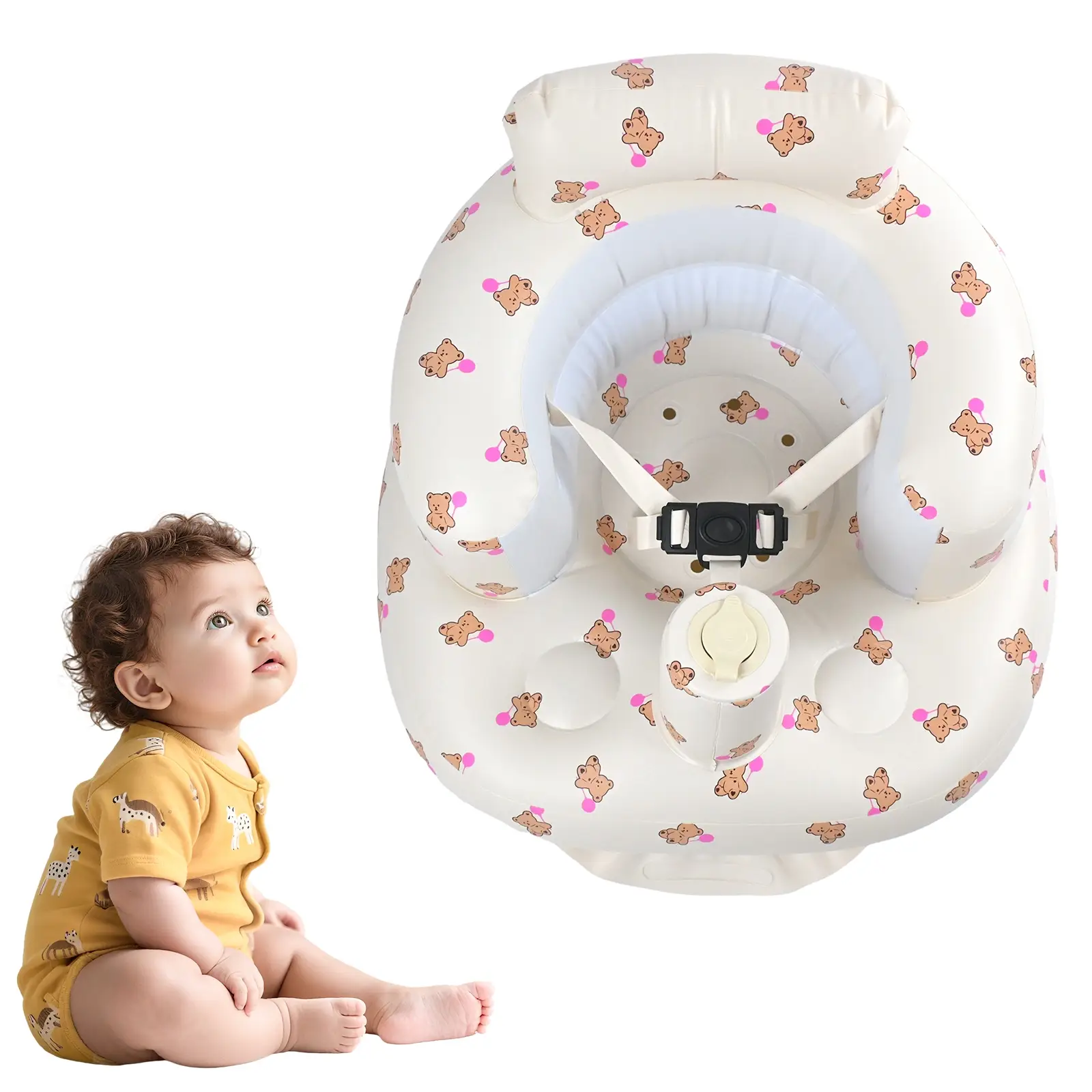 Upgraded Inflatable Baby Seat for 3-36 Months, 3-Point Harness and Built-In Air Pump, Waterproof Back Support for Learning to Sit
