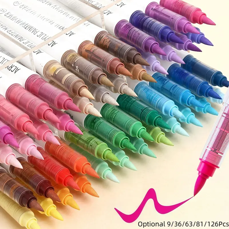 Acrylic Paint Marker Pen Set, Liquid Acrylic Markers, 9/36/63/81/126pcs Soft Brush Tip Acrylic Paint Pens Set, Professional Color Series for, Rock Painting, Ceramic, Wood, Canvas, Glass, Stone, Fabric, Art Markers Pen