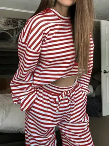 Women's Casual Everyday Fitted Striped Two-Piece Set, Round Neck Long Sleeve Top & High Waist Pants, Spring Fall Fashion Aesthetic