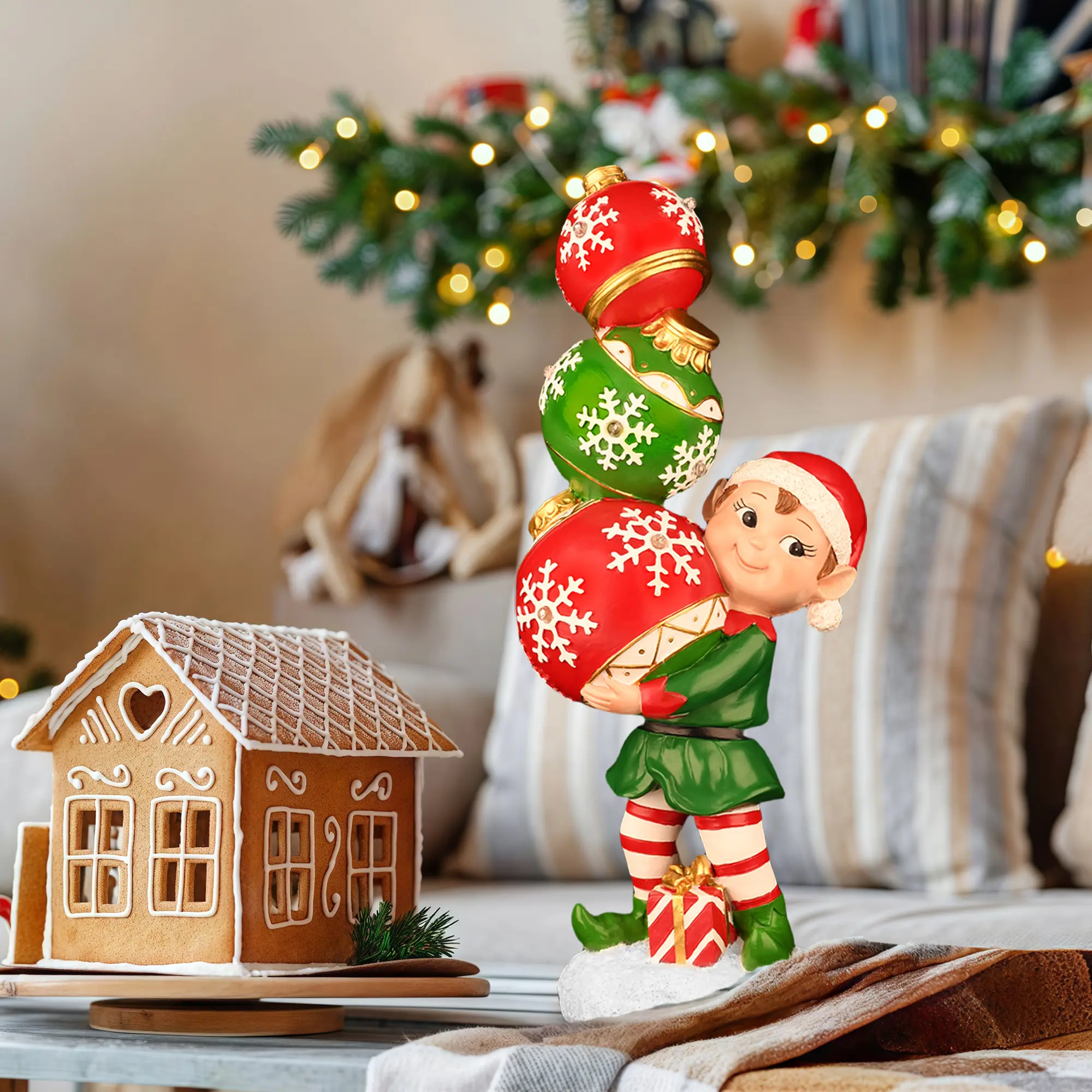 Cute Christmas Elf Resin Figurine Holding Three Balls, LED Color Changing Lights, Battery Powered Ornament, Perfect for Home Decor, Indoor Living Room, Bedroom, Kids' Room