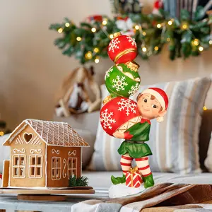 Cute Christmas Elf Resin Figurine Holding Three Balls, LED Color Changing Lights, Perfect for Home Decor, Indoor Living Room, Bedroom, Kids' Room
