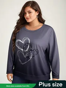 Plus Size Women's Gradient Long Sleeve Round Neck Heart Print T-Shirt, Casual Fashion Top for Spring & Fall, Comfortable Fit