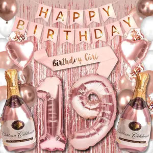 19Th Birthday Party Decorations Rose Gold Supplies Big Set For Women And Girls With Happy Birthday Balloons Banner And 19 Digit Balloon For Her Including Latex And Confetti Balloons