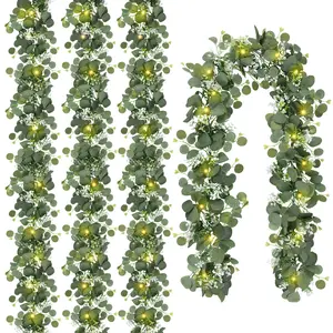 N&T NIETING 4-Pack 6FT Decorative Artificial Eucalyptus Leaf Garland with Warm White Battery-Operated Lights, Floral Greenery Vine for Home, Table, Wedding Decoration