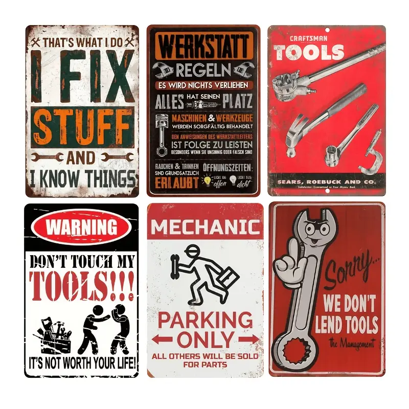 6 Vintage Mechanic Garage Metal Signs - Garage Sign, Tool Rule Sign, Garage Wall Decor, Fun Tool Rules, Country Style Tin Sign, Suitable for workshops, men's caves, auto repair shops, garages, 12X8 inches