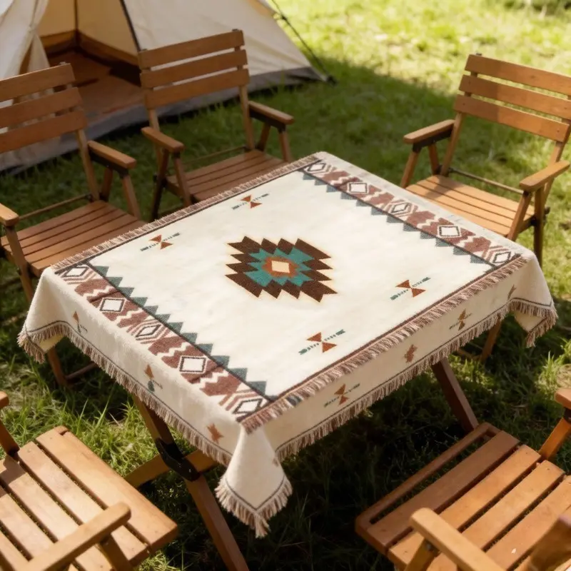 Boho Style Square Tablecloth (35.43 Inches / 90x90cm), Fringe Decorative Table Cover, Ideal for Restaurant, Camping, Outdoor Picnic, Home Kitchen Decor, Picnic Folding Table