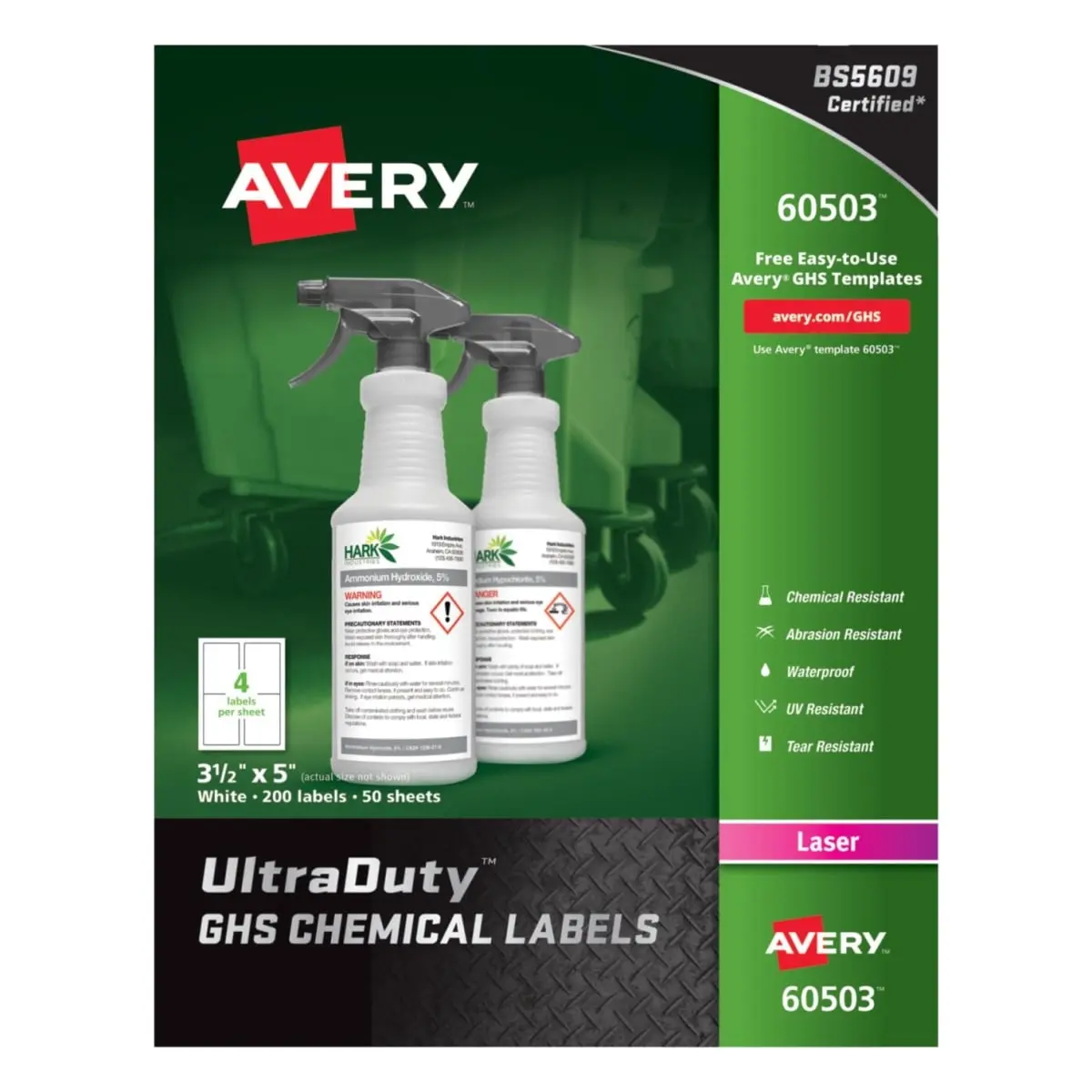 Avery Chemical-Resist Ultra Duty Laser Labels, 3.5" x 5" White Sheets for Tank, Marine Equipment & Outdoor Work Labeling - Pack of 200 (Arc Flash Rated)