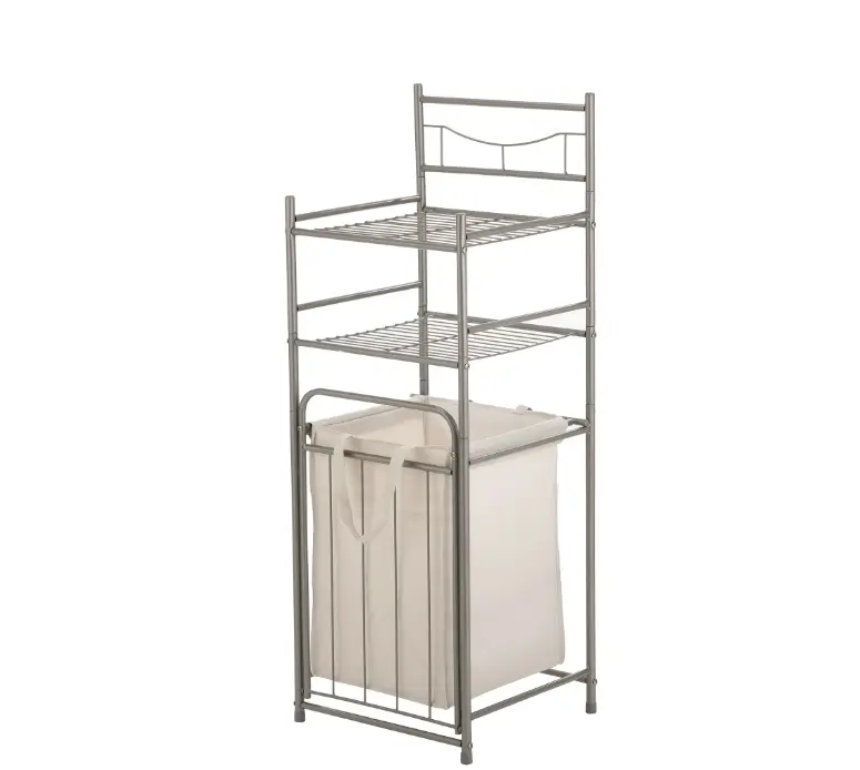 Mainstays Satin Nickel Bathroom Storage Tower with Two Shelves and Removable Hamper
