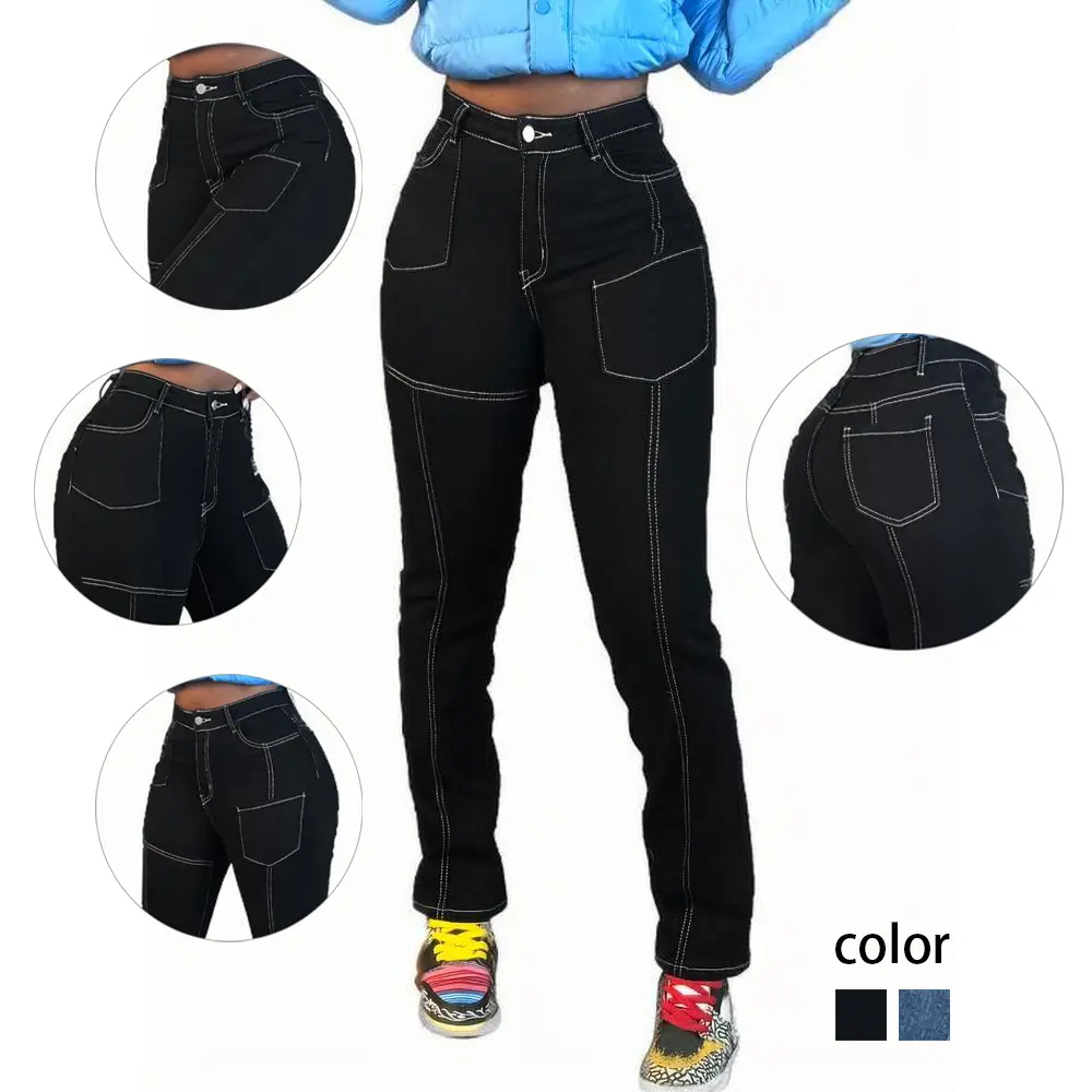 Trendy High Waisted Straight Jeans for Women Contrast Stitch Utility Denim for Daily Street Style Outfit