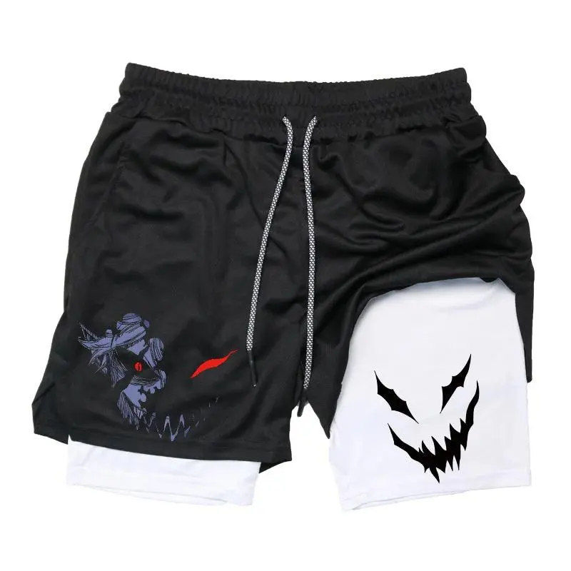 Men's Anime Black Parthenocissus Grass Print Double-Layer Shorts - Belted Embellishment, Elastic Waist, Summer Beach, Fitness Training Sports Bottoms, Active Athletic Shorts, Casual Athleisure Shorts