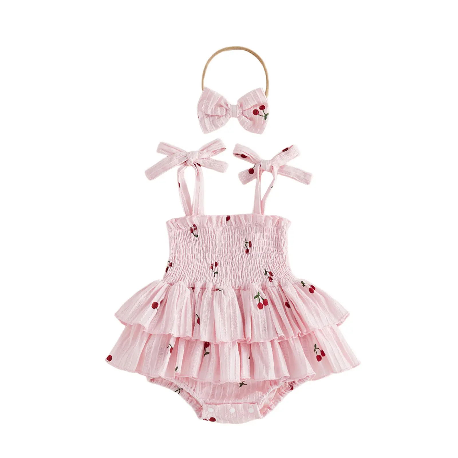 Meihuida Baby Girl Summer Outfit Cherry Print Tie-up Sleeveless Smocked Tiered Skirt Romper Dress Infant Bodysuit with Headband
