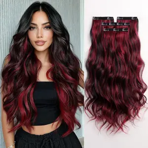 25 Inch Clip in Hair Extensions for Women Long Wavy Synthetic Hair Extension 4PCS Thick Hairpieces Natural Soft Clip On Extensions Invisible Volumizer Clips Ins for Thin Hairs Black Mix Red