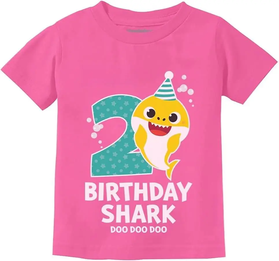 Tstars 2nd Birthday Baby Shark Shirt 2 Year Old Birthday Boy Girl Toddler Kids T-Shirt Cartoon Print Top Casual Soft Top