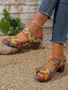 Platform Elevator Colorful Striped Slides, Fashionable Outdoor Slides, Retro Ethnic Style Mom Shoes, Trendy Sandals