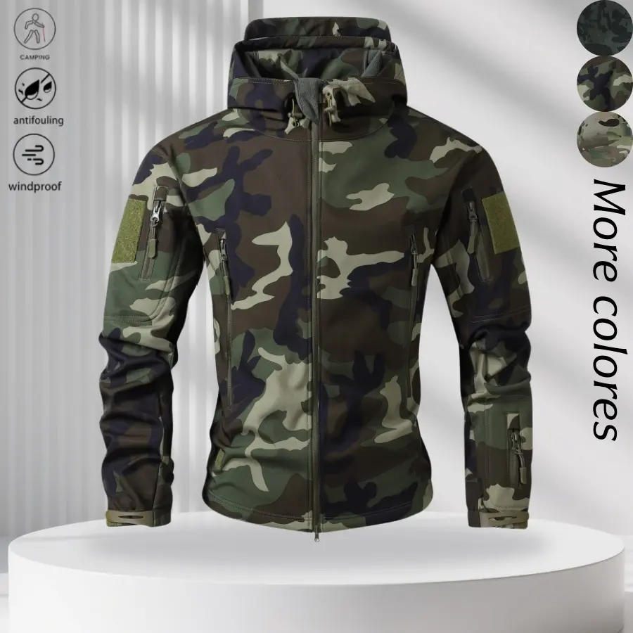 Men’s camouflage casual hooded jacket with zipper pockets; relaxed vibe casual top made from smooth, flat woven fabric that feels soft and doesn’t have a harsh friction feel—natural camouflage texture that helps break up solid colors and prevents monotony