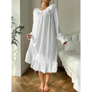 Women's Plain Ribbed V Neck Flounce Sleeve Nightdress, Casual Long Sleeve Nightgown for All Seasons, Soft Comfy Sleepwear for Women,?Sleepwear?for Women